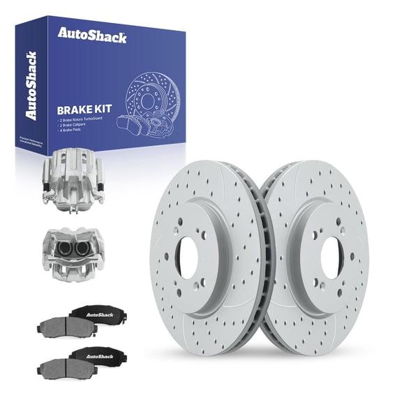 AutoShack Front Brake Rotors, Ceramic Pads & Calipers for Honda, CR-V 2012-2016, AWD L4 2.4L - Coated Drilled & Slotted - Silver Matte Finish - TurboGuard - 11.65" (295.8 mm), 5-Lug