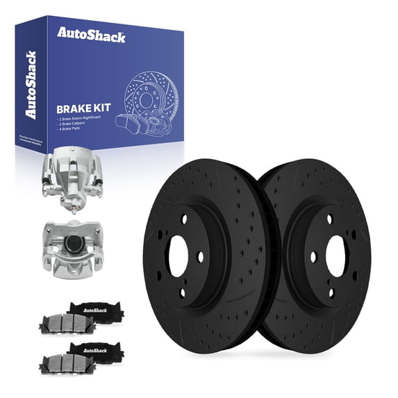 AutoShack Front Vented Drilled & Slotted E-Coated Brake Rotors Black Finish + Ceramic Pads + Calipers 8-PC Brake Kit Replacement for 2007-2017 Toyota Camry NightGuard 11.66" (296.1 mm)