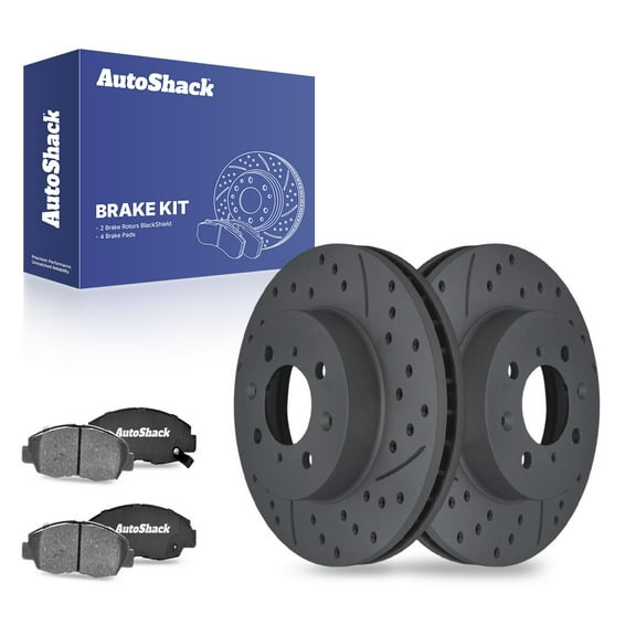 AutoShack 10.31" (262 mm) Front Vented Drilled & Slotted Brake Rotors Coated + Ceramic Brake Pads | Replacement for 2010-2014 Honda Insight | Black Matte Finish | 6-PC Brake Kit | BlackShield