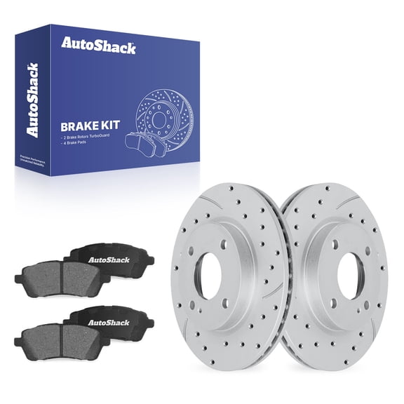 AutoShack Front Brake Rotors & Ceramic Pads for Ford, Fiesta 2011-2019, FWD L3 1.0L L4 1.6L - Coated Drilled & Slotted - Silver Matte Finish - TurboGuard - 10.15" (257.9 mm), 4-Lug