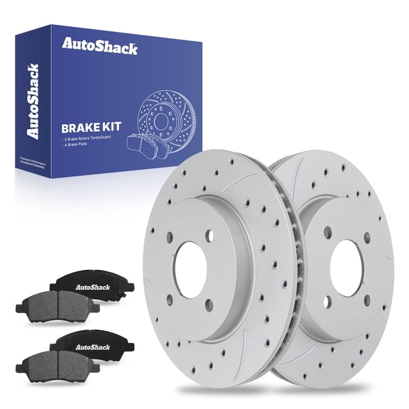 AutoShack Front Vented Drilled & Slotted Coated Brake Rotors Silver Matte Finish + Ceramic Pads 6-PC Brake Kit Replacement for 2012-2019 Nissan Versa TurboGuard 10.22" (259.7 mm)