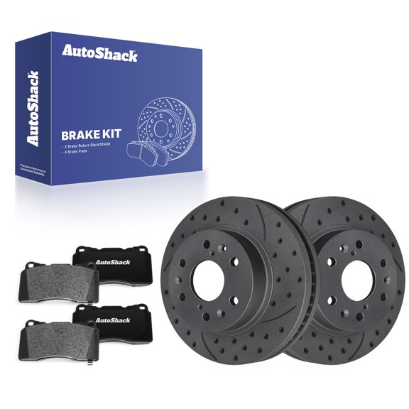 AutoShack Front Vented Drilled & Slotted Coated Brake Rotors Black Matte Finish + Ceramic Pads 6-PC Brake Kit Replacement for 2013-2019 Cadillac XTS BlackShield 12.99" (329.9 mm)