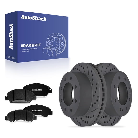 AutoShack Front Brake Rotors & Ceramic Pads for Chevrolet, Suburban 2017-2019, 4WD RWD V8 5.3L 6.2L - Coated Drilled & Slotted - Black Matte Finish - BlackShield - 13.98" (355 mm), 8-Lug