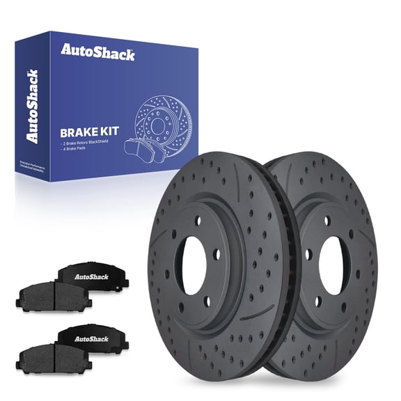 AutoShack 13.78" (350 mm) Front Vented Drilled & Slotted Brake Rotors Coated + Ceramic Brake Pads | Replacement for 2017-2024 Nissan TITAN | Black Matte Finish | 6-PC Brake Kit | BlackShield