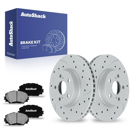 AutoShack 10.82" (274.9 mm) Front Vented Drilled & Slotted Brake Rotors Coated + Ceramic Brake Pads | Replacement for 2009-2019 Toyota Corolla | Silver Matte Finish | 6-PC Brake Kit | TurboGuard