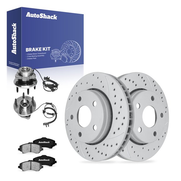 AutoShack Front Vented Drilled & Slotted Coated Brake Rotor Silver Matte Finish + Ceramic Pad + Hub Bearing Assembly 8-PC Brake Kit Replacement for 2007-2010 Jeep Wrangler TurboGuard 11.89" (302 mm)