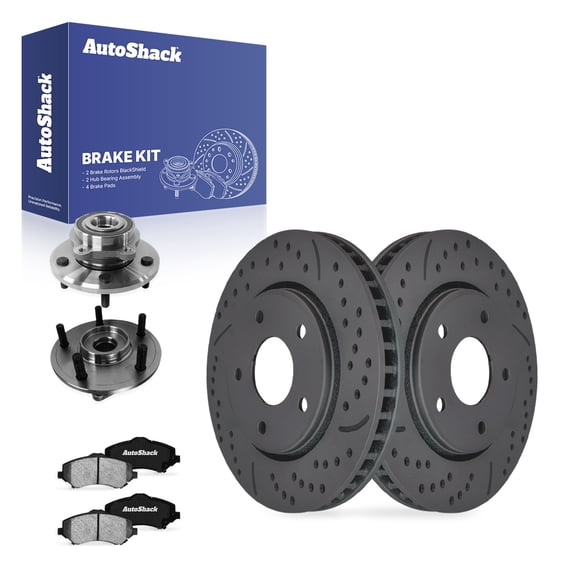 AutoShack Front Brake Rotors, Ceramic Pads & Hub Bearing Assemblies for Dodge, Journey 2009-2011 - Coated Drilled & Slotted - Black Matte Finish - BlackShield - 11.89" (302 mm), 5-Lug