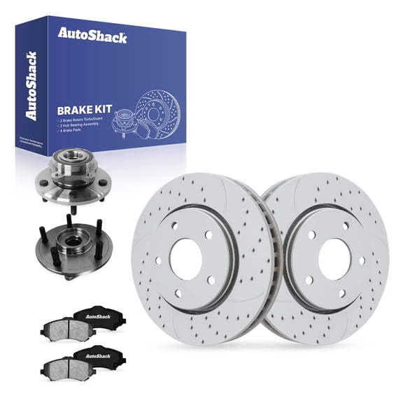 AutoShack Front Vented Drilled & Slotted Coated Brake Rotor Silver Matte Finish + Ceramic Pad + Hub Bearing Assembly 8-PC Brake Kit Replacement for 2009-2011 Dodge Journey TurboGuard 11.89" (302 mm)