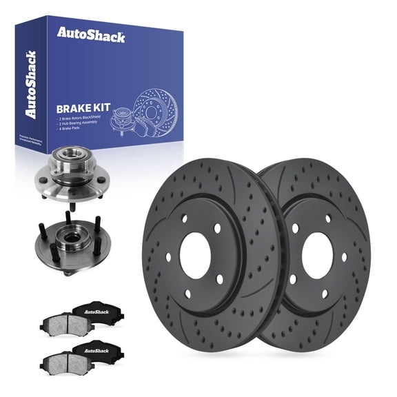AutoShack Front Brake Rotors, Ceramic Pads & Hub Bearing Assemblies for Dodge, Journey 2009-2013 - Coated Drilled & Slotted - Black Matte Finish - BlackShield - 11.89" (302 mm), 5-Lug