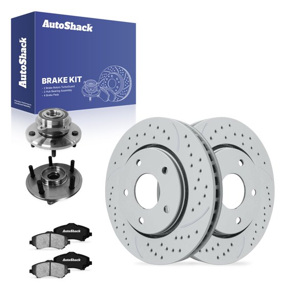 AutoShack Front Vented Drilled & Slotted Coated Brake Rotor Silver Matte Finish + Ceramic Pad + Hub Bearing Assembly 8-PC Brake Kit Replacement for 2009-2013 Dodge Journey TurboGuard 11.89" (302 mm)