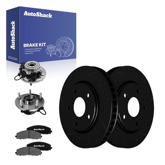 AutoShack Front Vented Drilled Slotted E-Coated Brake Rotor Black Finish + Ceramic Pad + Hub Bearing Assembly 8-PC Kit Replacement for 2015-2016 Chrysler Town & Country NightGuard 11.89" (302mm)