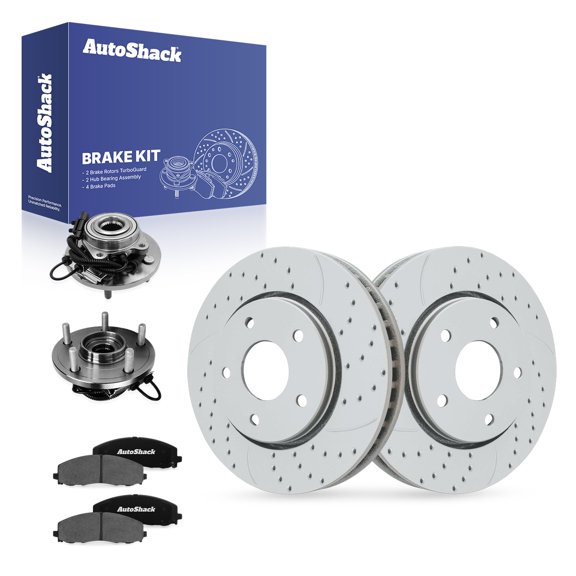 AutoShack Front Vented Drilled Slotted Coated Brake Rotor Silver Matte Finish + Ceramic Pad + Hub Bearing Assembly 8-PC Kit Replacement for 2015-2016 Chrysler Town & Country TurboGuard 11.89" (302mm)