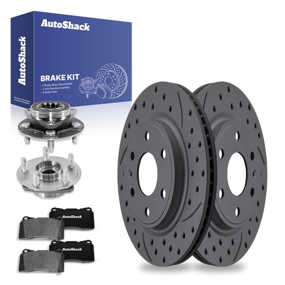 AutoShack Front Drilled & Slotted Brake Rotors Ceramic Brake Pads Wheel Bearing Hub Assembly | Replacement for 2018-2019 Cadillac XTS 3.6L AWD FWD | Black Matte Finish | 8-PCBrake Kit| BlackShield