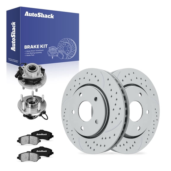 AutoShack Front Brake Rotors, Ceramic Pads & Hub Bearing Assemblies for Chrysler Town & Country 2011 - Coated Drilled & Slotted - Silver Matte Finish - TurboGuard - 11.89" (302 mm), 5-Lug