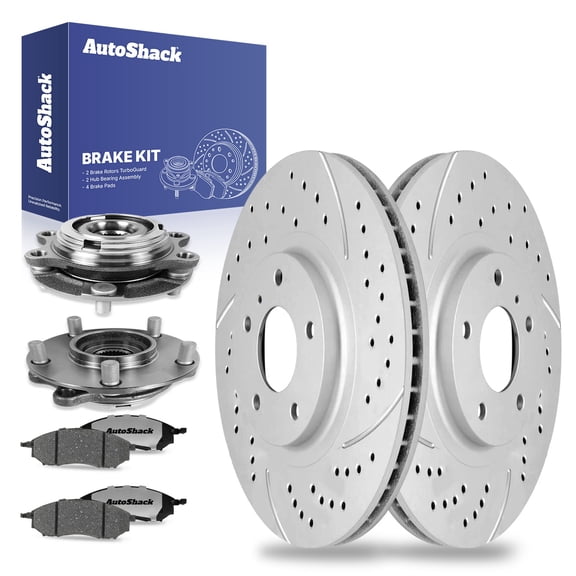 AutoShack Front Drilled & Slotted Brake Rotors Ceramic Brake Pads Wheel Bearing Hub Assembly | Replacement for INFINITI G37 G35 EX35 M35 2013 EX37 | Silver Matte Finish | 8-PC Brake Kit | TurboGuard