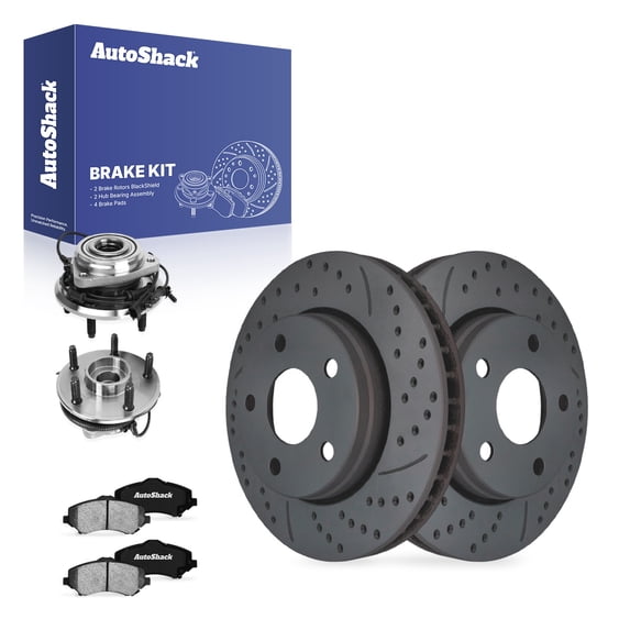 AutoShack Front Vented Drilled & Slotted Coated Brake Rotors Black Matte Finish + Ceramic Pads + Hub Bearing Assembly 8-PC Brake Kit Replacement for 2018 Jeep Wrangler JK BlackShield 11.89" (302 mm)