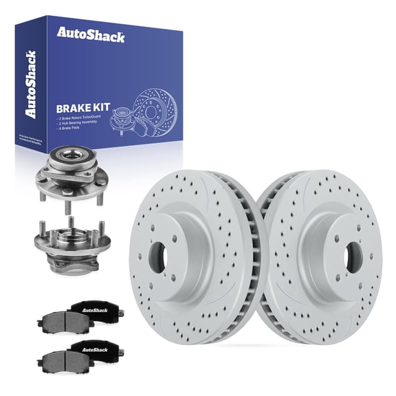 AutoShack Front Brake Rotors, Ceramic Pads & Hub Bearing Assemblies for Subaru, Outback 2020-2025 - Coated Drilled & Slotted - Silver Matte Finish - TurboGuard - 12.4" (315 mm), 5-Lug