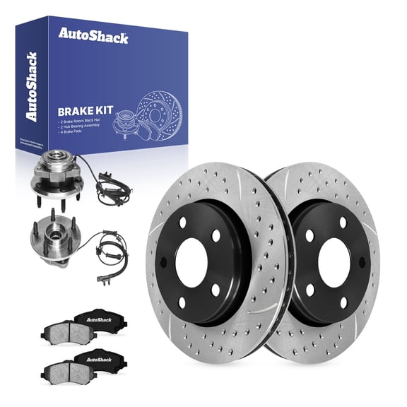 AutoShack Front Brake Rotors, Ceramic Pads & Hub Bearing Assemblies for Jeep, Wrangler 2007-2010, 4WD RWD V6 3.8L - E-Coated Drilled & Slotted - ShadowGuard - 11.89" (302 mm), 5-Lug
