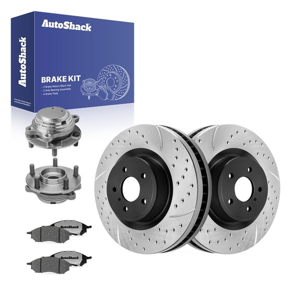 AutoShack Front Brake Rotors, Ceramic Pads & Hub Bearing Assemblies for INFINITI, G37 2009-2010, RWD V6 3.7L - E-Coated Drilled & Slotted - ShadowGuard - 13.98" (355 mm), 5-Lug