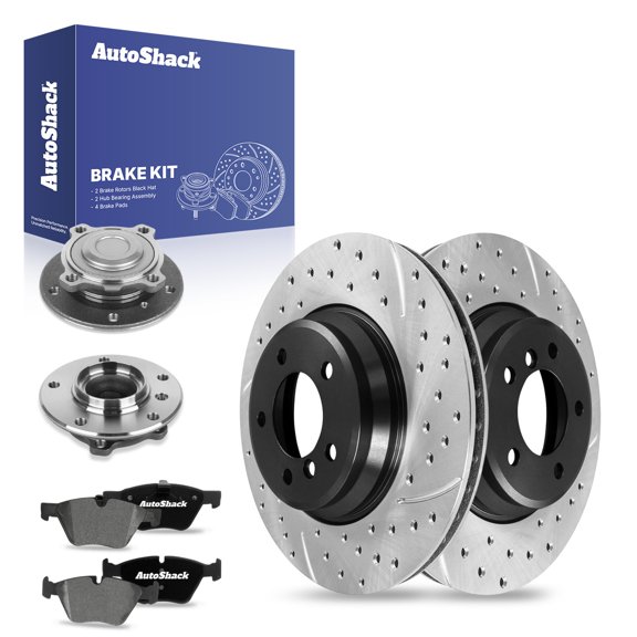 AutoShack Front Drilled & Slotted Brake Rotors Ceramic Brake Pads Wheel Bearing Hub Assembly | Replacement for 2010-2013 BMW 335i 2011-2013 335is RWD | E-Coated | 8-PC Brake Kit | ShadowGuard