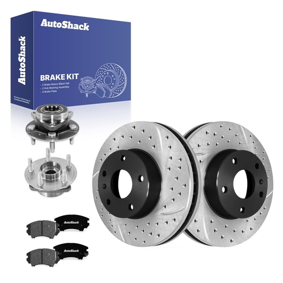 AutoShack Front Brake Rotors, Ceramic Pads & Hub Bearing Assemblies for Chevrolet, Camaro 2010-2015, RWD V6 3.6L - E-Coated Drilled & Slotted - ShadowGuard - 12.64" (321 mm), 5-Lug