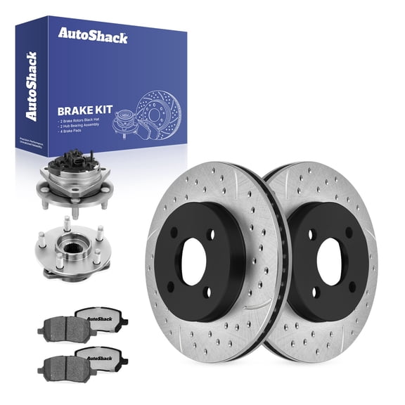 AutoShack Front Brake Rotors, Ceramic Pads & Hub Bearing Assemblies for Chevrolet, Cobalt 2005-2010, FWD L4 2.2L - E-Coated Drilled & Slotted - ShadowGuard - 10.08" (256 mm), 4-Lug