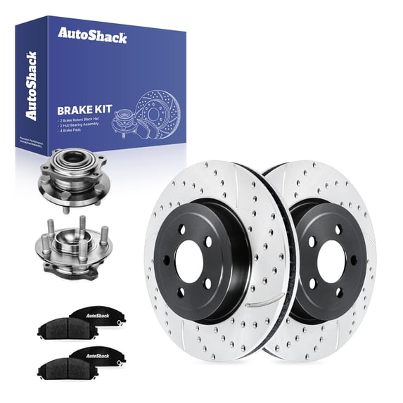 AutoShack Front Brake Rotors, Ceramic Pads & Hub Bearing Assemblies for Dodge, Charger 2007-2023, AWD V6 3.5L 3.6L V8 5.7L - E-Coated Drilled & Slotted - ShadowGuard - 13.58" (345 mm), 5-Lug