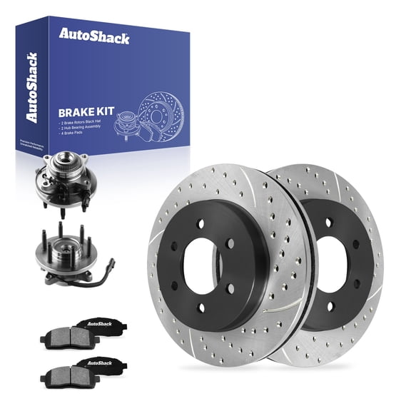 AutoShack Front Brake Rotors, Ceramic Pads & Hub Bearing Assemblies for Ford, F-150 2005-2008, 4WD AWD V6 4.2L V8 4.6L 5.4L - E-Coated Drilled & Slotted - ShadowGuard - 12.99" (330 mm), 6-Lug