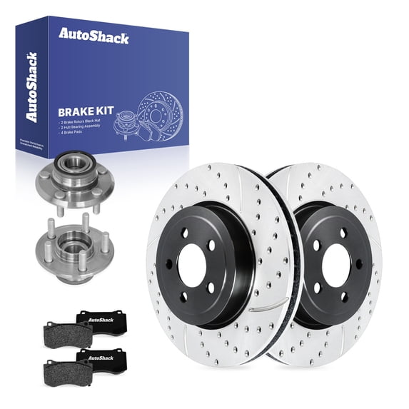 AutoShack Front Brake Rotors, Ceramic Pads & Hub Bearing Assemblies for Dodge, Charger 2012, RWD V8 6.4L - E-Coated Drilled & Slotted - ShadowGuard - 13.58" (345 mm), 5-Lug