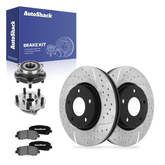 AutoShack Front Brake Rotors, Ceramic Pads & Hub Bearing Assemblies for Mazda, CX-5 2013-2015, 2017, AWD FWD L4 2.0L 2.5L - E-Coated Drilled & Slotted - ShadowGuard - 11.69" (297 mm), 5-Lug