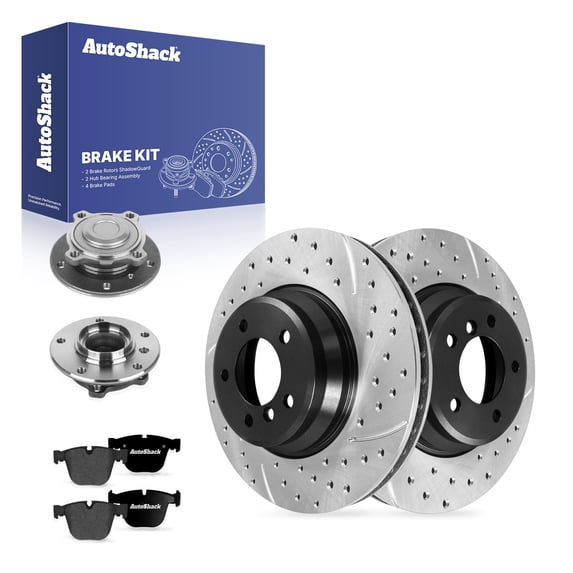 AutoShack Front Brake Rotors, Premium Pads & Hub Bearing Assemblies for BMW, 335i 2007-2010 335d 2009-2011, RWD L6 3.0L - E-Coated Drilled & Slotted - ShadowGuard - 13.7" (348 mm), 5-Lug