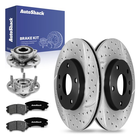 AutoShack Front Vented Drilled & Slotted E-Coated Brake Rotors + Premium Ceramic Pads + Hub Bearing Assembly 8-PC Brake Kit Replacement for 2017 GMC Terrain 2011 Saab 9-5 ShadowGuard 12.64" (321 mm)