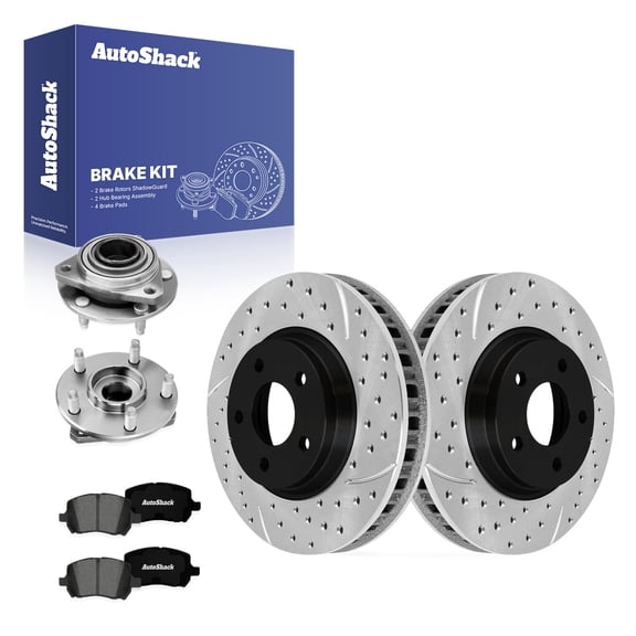 AutoShack Front Brake Rotors, Premium Pads & Hub Bearing Assemblies for Pontiac, G6 2006-2007, FWD L4 2.4L V6 3.5L - E-Coated Drilled & Slotted - ShadowGuard - 11.65" (295.8 mm), 5-Lug