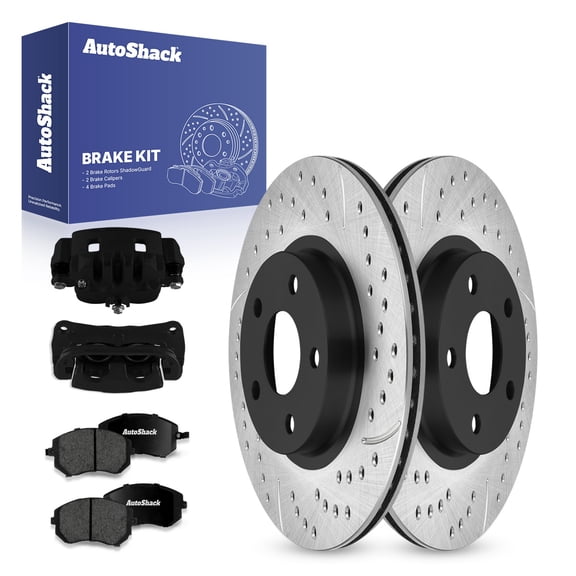 AutoShack Front Drilled & Slotted Brake Rotors Premium Ceramic Brake Pads Calipers Black | Replacement for 2005 Subaru Legacy 2.5L AWD | E-Coated | 8-PC Brake Kit | ShadowGuard
