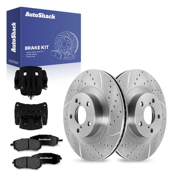 AutoShack Front Drilled & Slotted Brake Rotors Premium Ceramic Brake Pads Calipers Black | Replacement for Subaru Outback Forester Legacy AWD | Silver Zinc Coated | 8-PC Brake Kit | SilverShield Pro