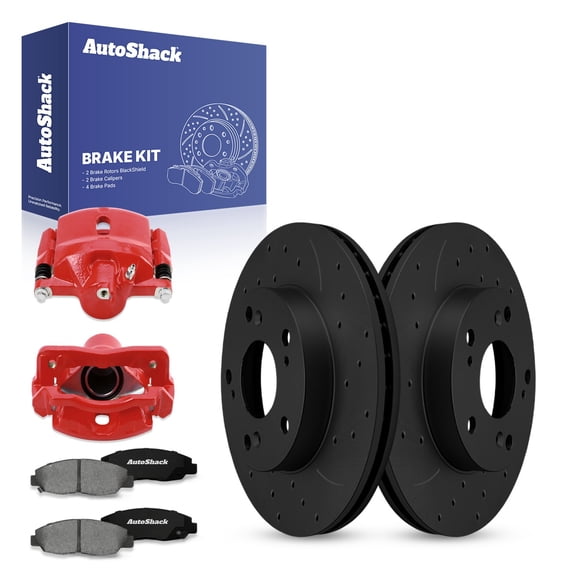 AutoShack Front Drilled & Slotted Brake Rotors Premium Ceramic Brake Pads Calipers Red | Replacement for 2006-2011 Honda Civic 1.8L FWD | Black E-Coated | 8-PC Brake Kit | NightGuard