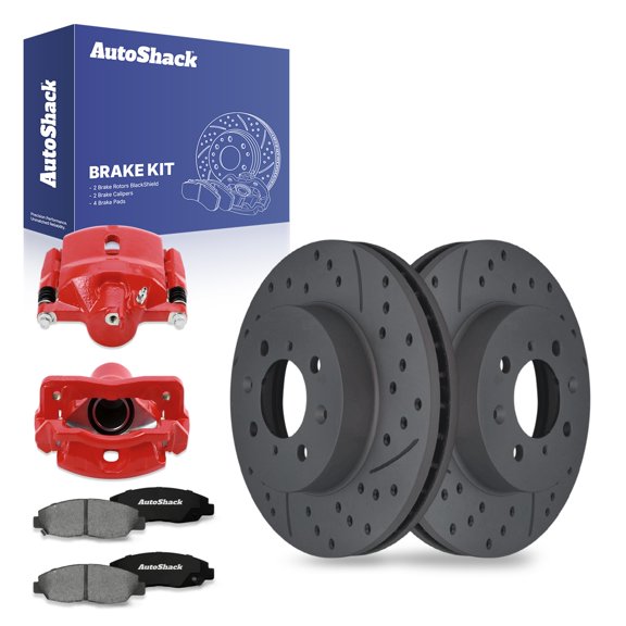 AutoShack Front Drilled & Slotted Brake Rotors Premium Ceramic Brake Pads Calipers Red | Replacement for Acura EL Honda Civic 2010-2014 Insight FWD | Black Matte Finish | 8-PC Brake Kit | BlackShield