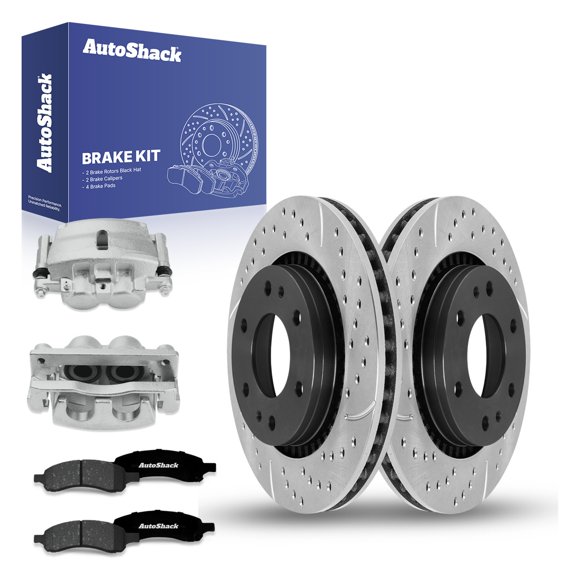 AutoShack Front Drilled & Slotted Brake Rotors Premium Ceramic Brake Pads Calipers | Replacement for 2006-2008 Isuzu Ascender 4.2L 5.3L V8 4WD RWD | E-Coated | 8-PC Brake Kit | ShadowGuard