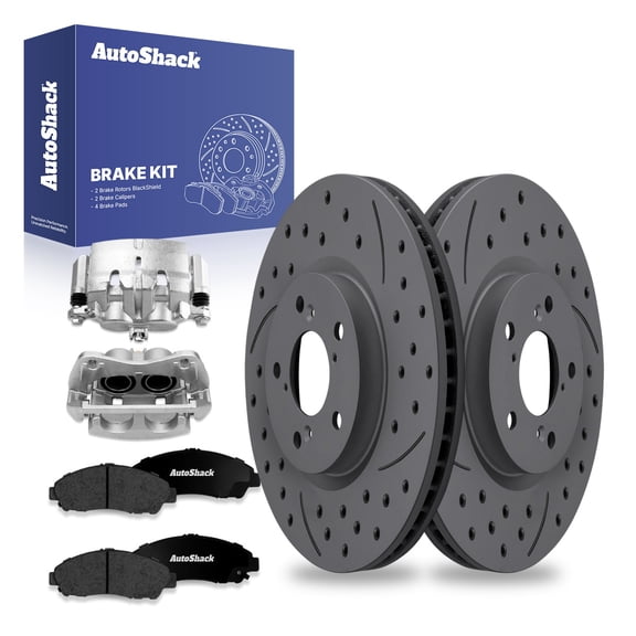 AutoShack Front Drilled & Slotted Brake Rotors Premium Ceramic Brake Pads Calipers | Replacement for 2007-2013 Acura MDX 2010-2013 ZDX 3.7L V6 AWD | Black Matte Finish | 8-PC Brake Kit | BlackShield