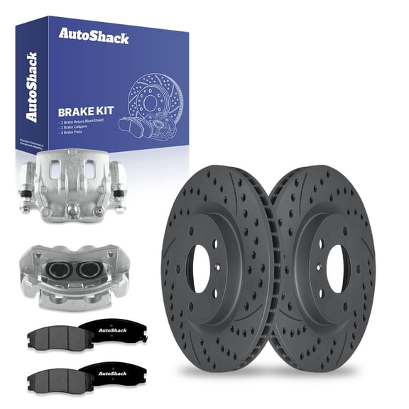 AutoShack Front Drilled & Slotted Brake Rotors Premium Ceramic Brake Pads Calipers | Replacement for Chevrolet Equinox Captiva Sport Saturn Vue FWD | Black Matte Finish | 8-PC Brake Kit | BlackShield