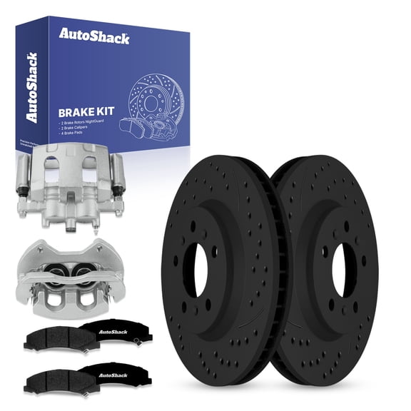 AutoShack Front Drilled & Slotted Brake Rotors Premium Ceramic Brake Pads Calipers | Replacement for Chevrolet Impala Limited Buick Lucerne V6 FWD | Black E-Coated | 8-PC Brake Kit | NightGuard