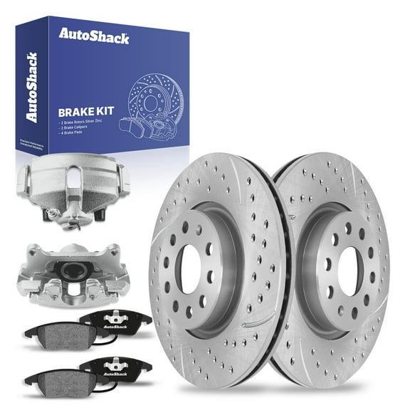AutoShack Front Vented Drilled & Slotted Silver Zinc Coated Brake Rotors + Premium Ceramic Pads + Calipers 8-PC Brake Kit Replacement for 2014 Volkswagen Jetta SilverShield Pro 12.28" (312 mm)