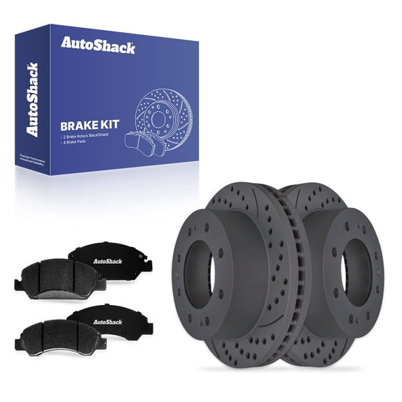 AutoShack Front Brake Rotors & Premium Pads for Chevrolet, Suburban 2017-2019, 4WD RWD V8 5.3L 6.2L - Coated Drilled & Slotted - Black Matte Finish - BlackShield - 13.98" (355 mm), 8-Lug
