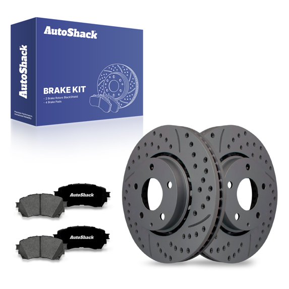 AutoShack Front Drilled & Slotted Brake Rotors Premium Ceramic Brake Pads | Replacement For 2019-2021 Mazda 6 2.5L FWD | Black Matte Finish | 6-PC Brake Kit | BlackShield