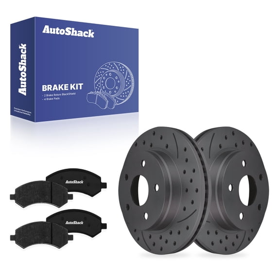 AutoShack Front Brake Rotors & Premium Pads for Ram, 1500 2011-2018, 4WD RWD V6 3.0L 3.6L 3.7L V8 4.7L 5.7L - Coated Drilled & Slotted - Black Matte Finish - BlackShield - 13.22" (335.9 mm), 5-Lug