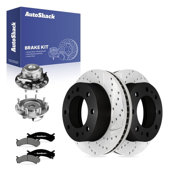 AutoShack Front Brake Rotors, Premium Pads & Hub Bearing Assemblies for Chevrolet, Express 3500 2006-2017 - E-Coated Drilled & Slotted - ShadowGuard - 12.8" (325 mm), 8-Lug