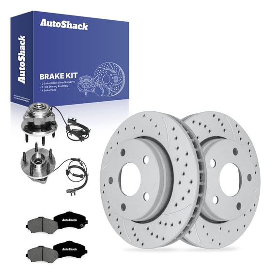 AutoShack Front Brake Rotors, Premium Pads & Hub Bearing Assemblies for Jeep, Wrangler 2007-2010 - Coated Drilled & Slotted - Silver Matte Finish - TurboGuard - 11.89" (302 mm), 5-Lug