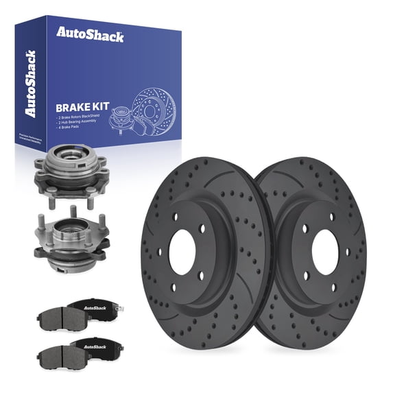 AutoShack Front Vented Drilled Slotted Coated Brake Rotor Black Matte Finish + Premium Ceramic Pad + Hub Bearing Assembly 8-PC Kit Replacement for 2007-2012 Nissan Altima BlackShield 11.65" (296mm)