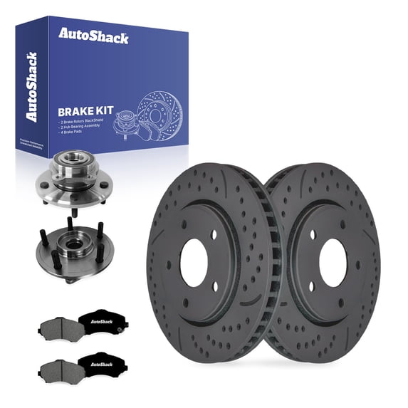 AutoShack Front Brake Rotors, Premium Pads & Hub Bearing Assemblies for Dodge, Journey 2009-2011 - Coated Drilled & Slotted - Black Matte Finish - BlackShield - 11.89" (302 mm), 5-Lug