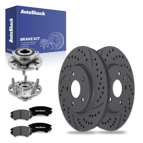 AutoShack Front Vented Drilled & Slotted Coated Brake Rotors Black Matte Finish + Premium Ceramic Pads + Hub Bearing Assembly 8-PC Brake Kit Replacement for 2011 Saab 9-5 BlackShield 12.64" (321 mm)